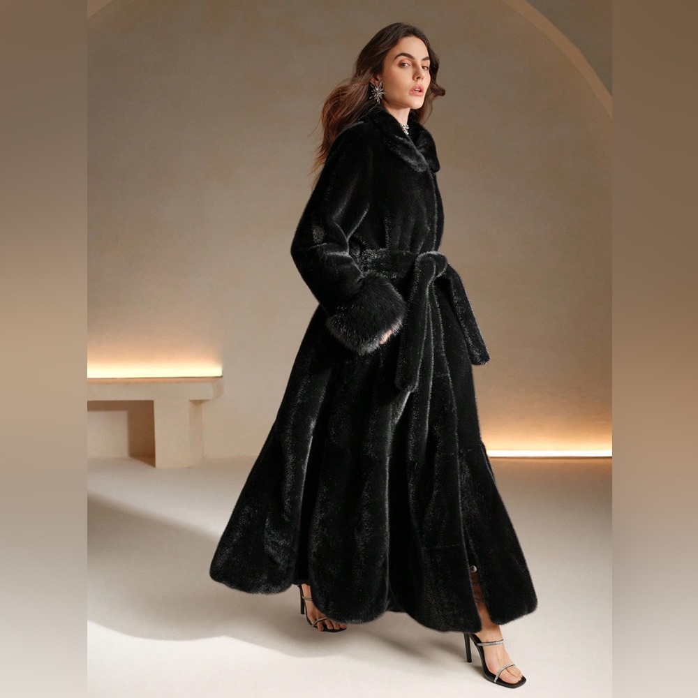 Luxury Black Faux Fur Belted Long Coat Fur Evening Winter Statement Coat